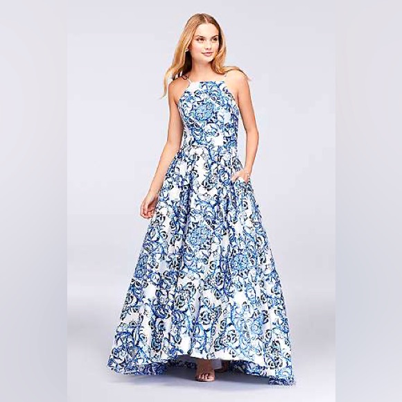 Betsy & Adam Blue & White Satin Halter Ball Gown With Lace Up Back -Nwt- Size 2!
